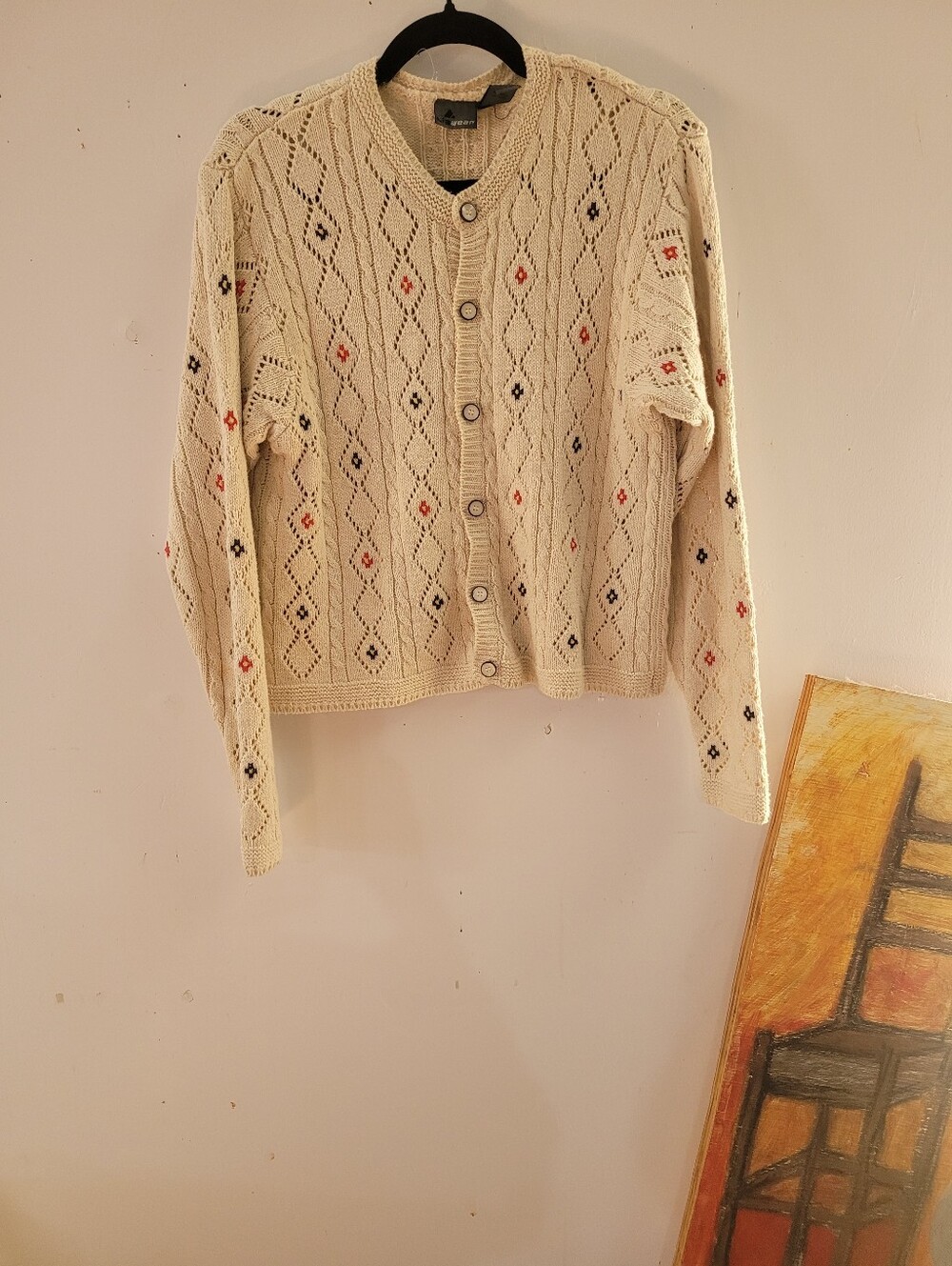 VTG Liz Claiborne L Cream Knit Button-Front Cardigan Diamond Western Linen